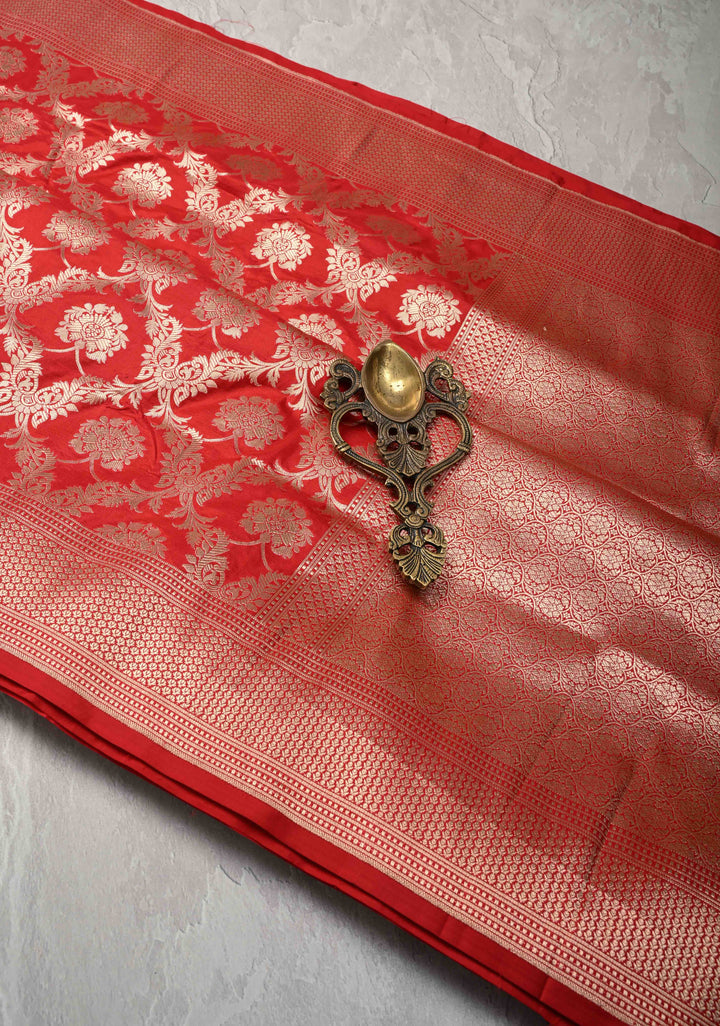 Red jaal Banarasi Katan Silk Saree with Zari Border  | SILK MARK CERTIFIED