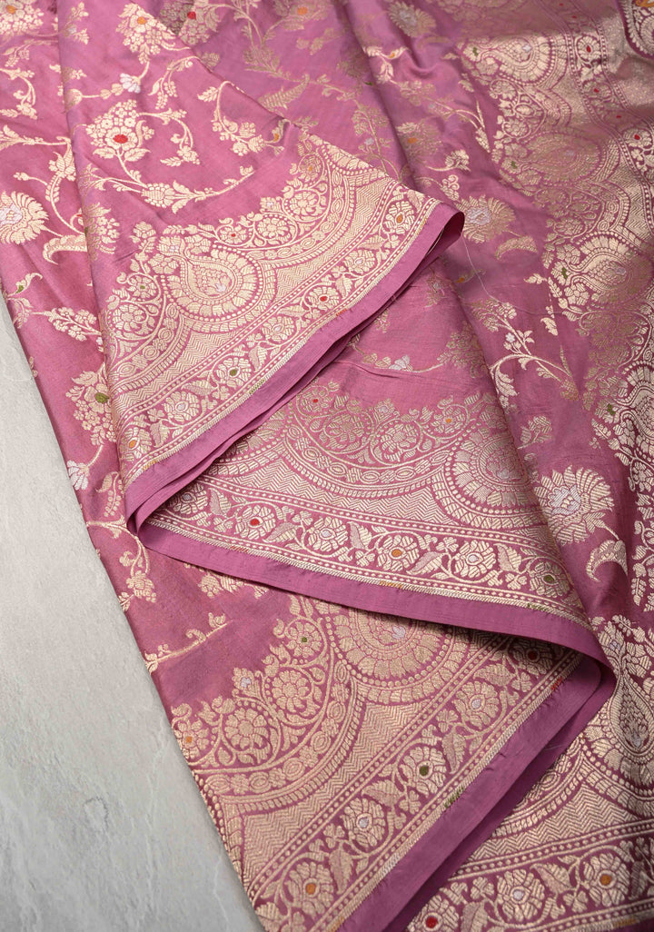 Onion Pink Pure Banarasi Katan Silk Saree with Meenakari Jaal and Scallop Border  | SILK MARK CERTIFIED