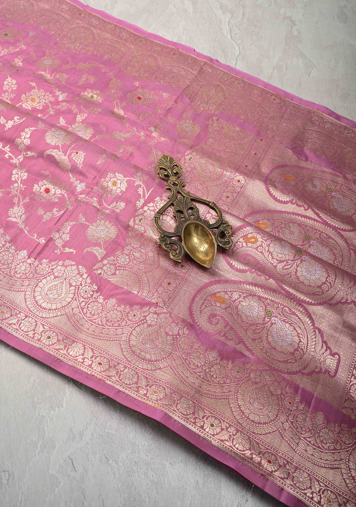Onion Pink Pure Banarasi Katan Silk Saree with Meenakari Jaal and Scallop Border  | SILK MARK CERTIFIED