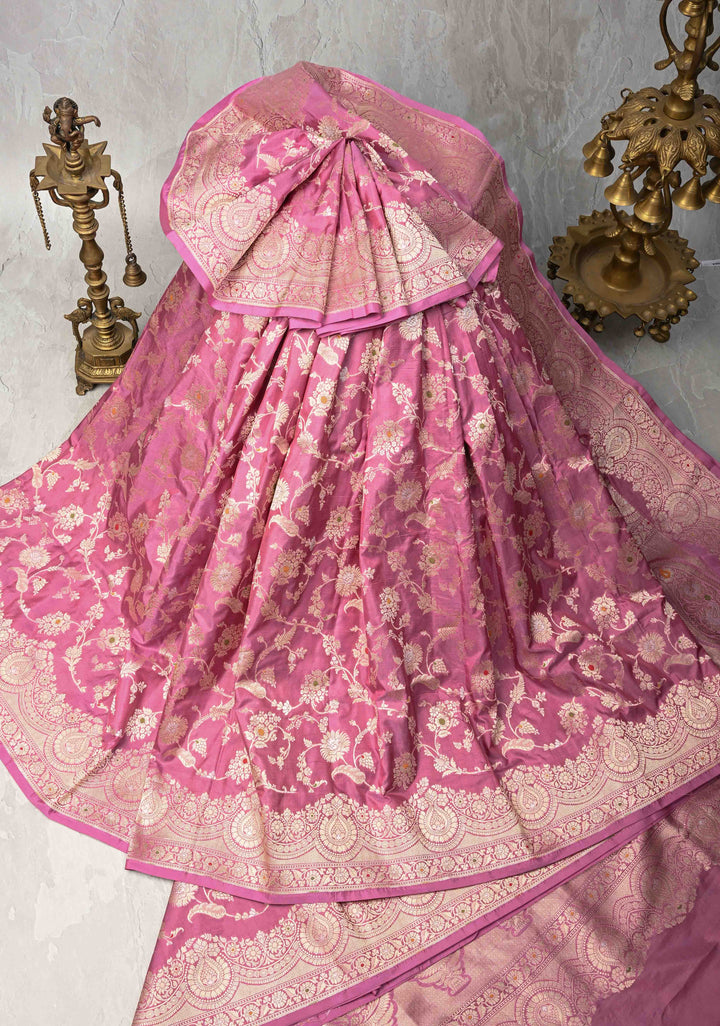 Onion Pink Pure Banarasi Katan Silk Saree with Meenakari Jaal and Scallop Border  | SILK MARK CERTIFIED