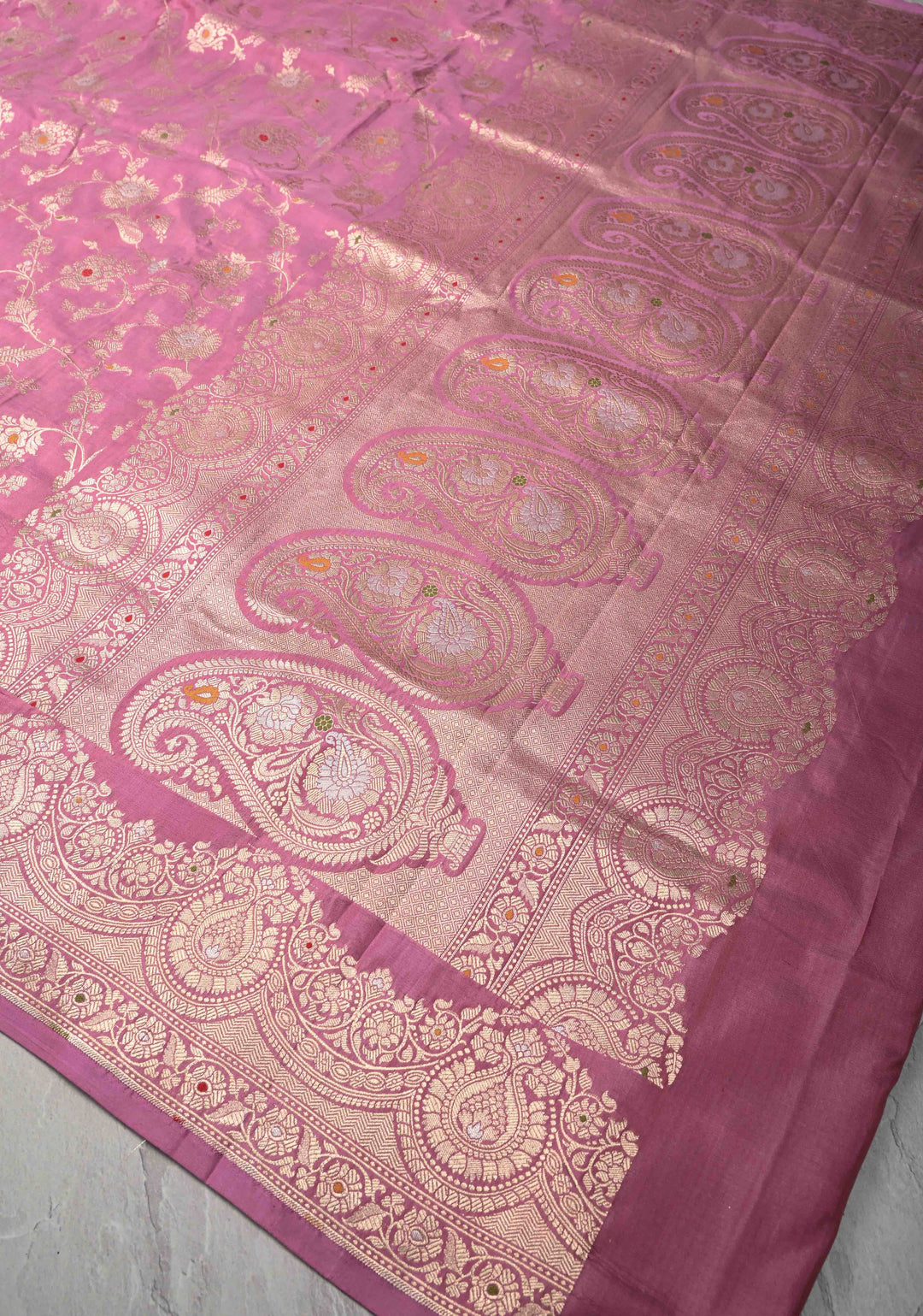 Onion Pink Pure Banarasi Katan Silk Saree with Meenakari Jaal and Scallop Border  | SILK MARK CERTIFIED