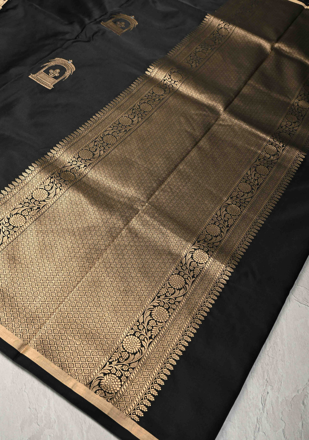 Black Banarasi Mashru Silk Saree with Arches Buttas and Minimal Zari Border | SILK MARK CERTIFIED