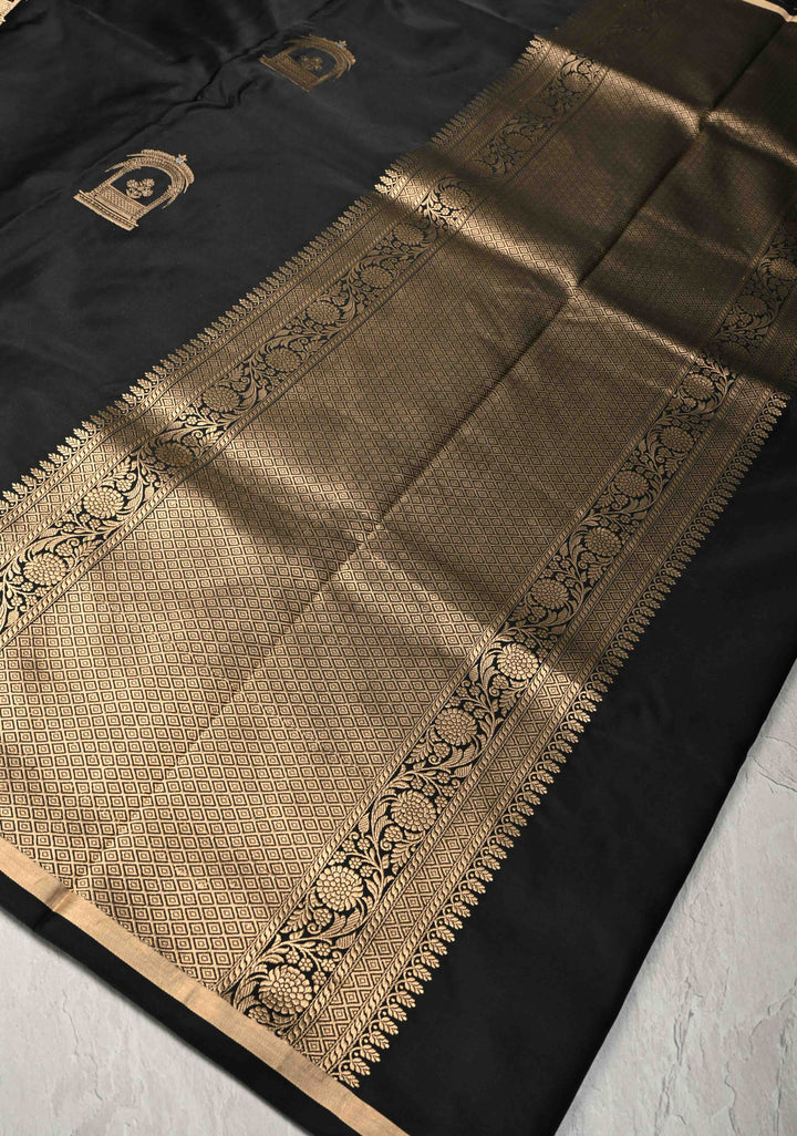 Black Banarasi Mashru Silk Saree with Arches Buttas and Minimal Zari Border | SILK MARK CERTIFIED