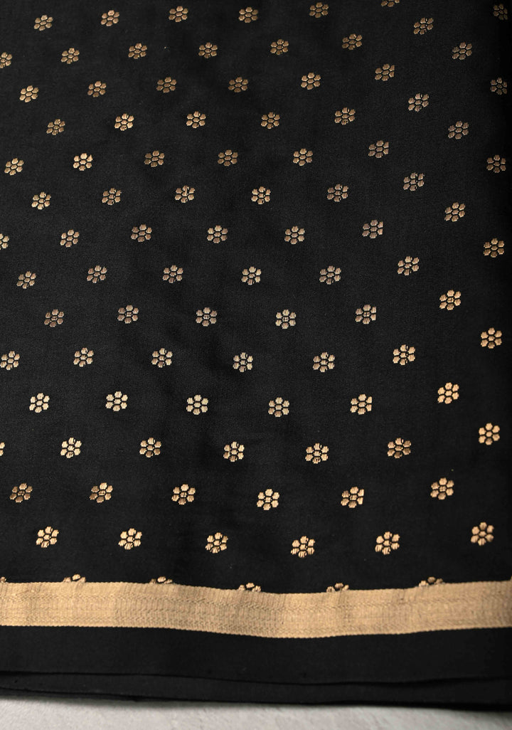 Black Banarasi Mashru Silk Saree with Arches Buttas and Minimal Zari Border | SILK MARK CERTIFIED
