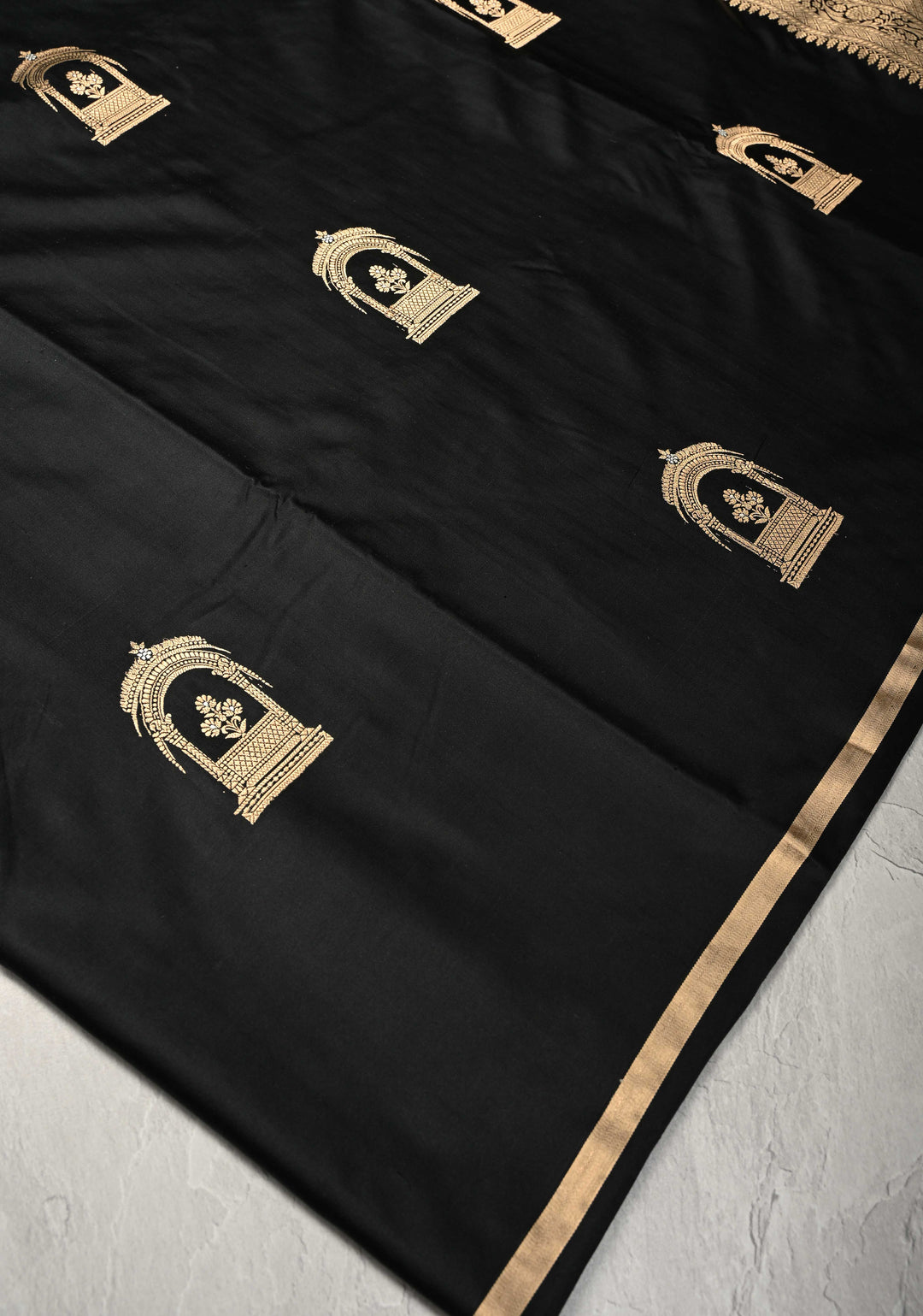 Black Banarasi Mashru Silk Saree with Arches Buttas and Minimal Zari Border | SILK MARK CERTIFIED