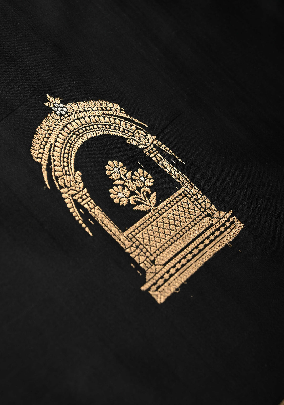 Black Banarasi Mashru Silk Saree with Arches Buttas and Minimal Zari Border | SILK MARK CERTIFIED