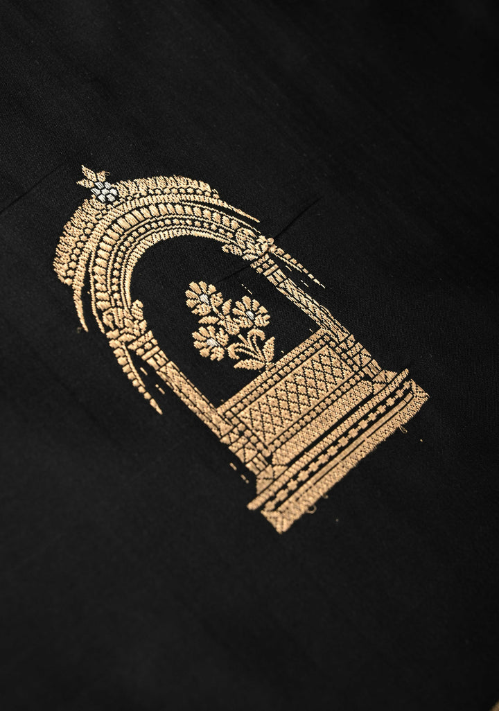 Black Banarasi Mashru Silk Saree with Arches Buttas and Minimal Zari Border | SILK MARK CERTIFIED