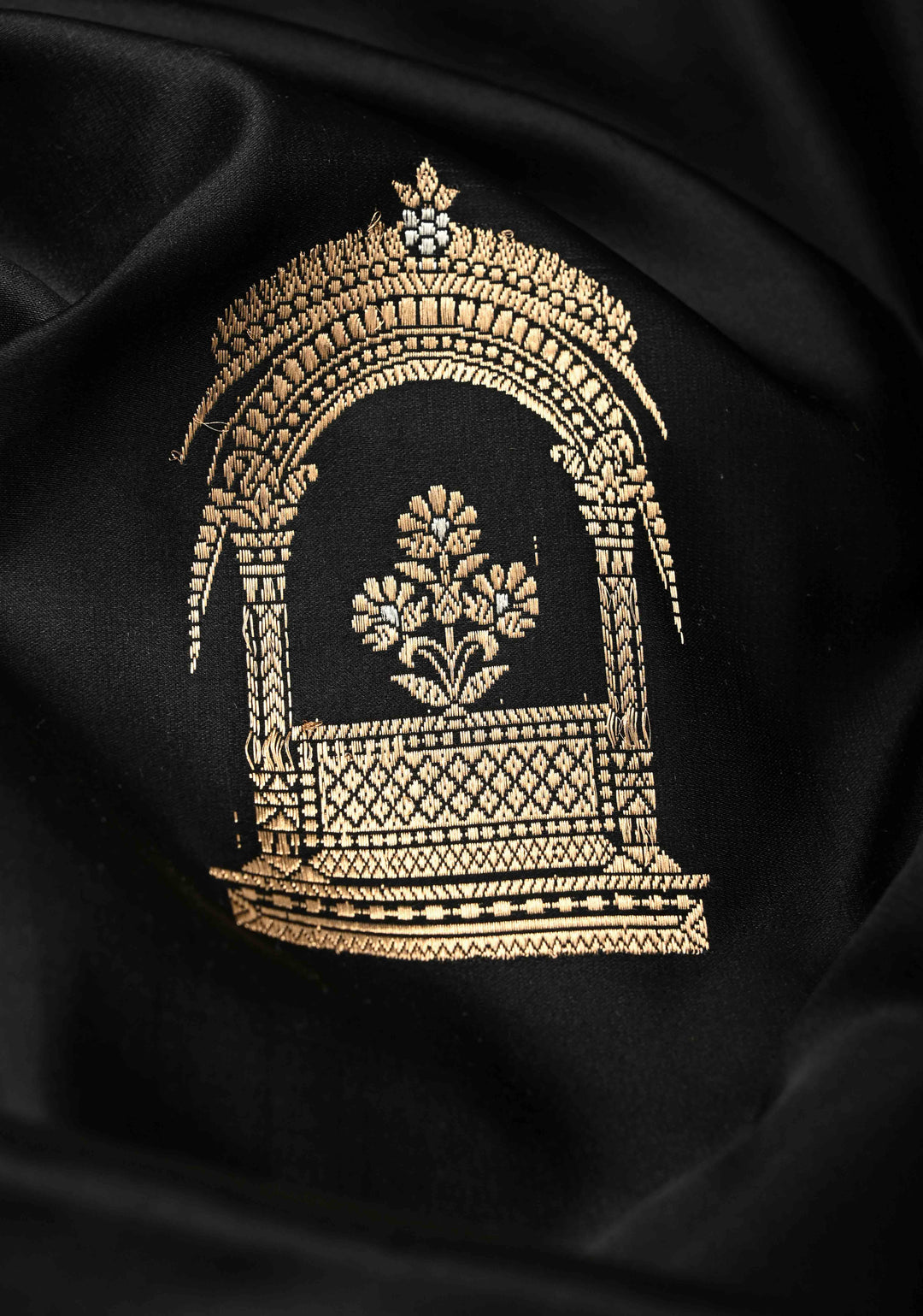 Black Banarasi Mashru Silk Saree with Arches Buttas and Minimal Zari Border | SILK MARK CERTIFIED