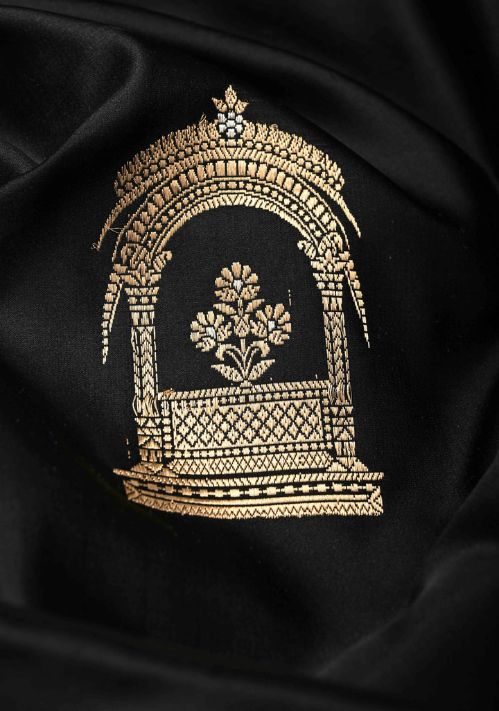 Black Banarasi Mashru Silk Saree with Arches Buttas and Minimal Zari Border | SILK MARK CERTIFIED