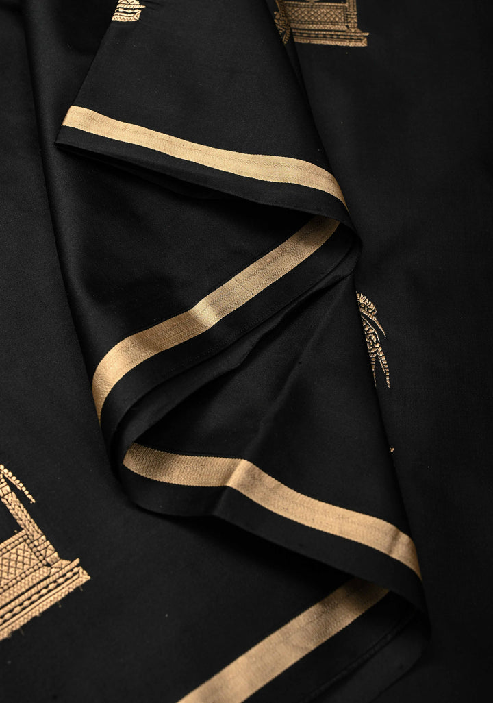 Black Banarasi Mashru Silk Saree with Arches Buttas and Minimal Zari Border | SILK MARK CERTIFIED