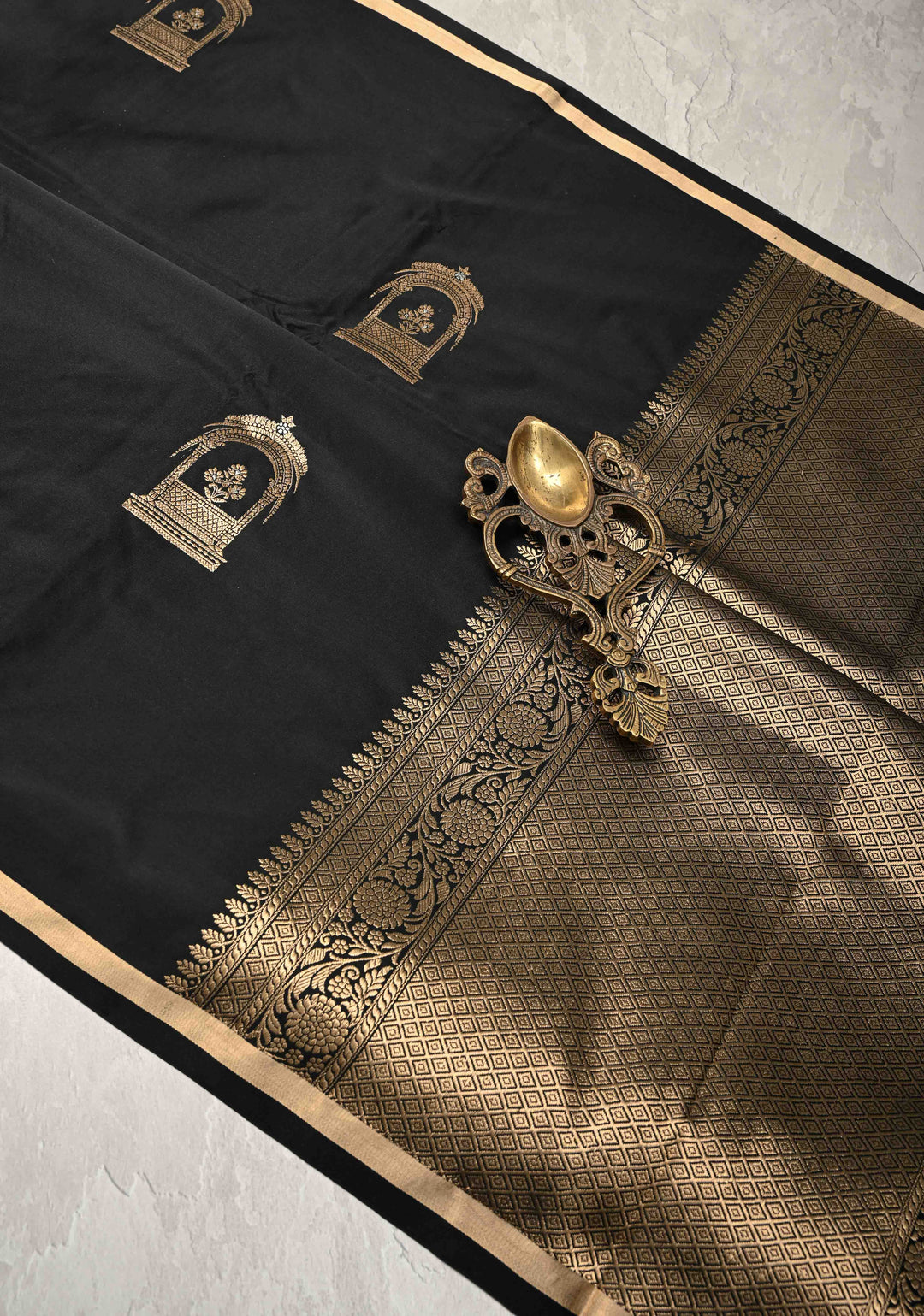 Black Banarasi Mashru Silk Saree with Arches Buttas and Minimal Zari Border | SILK MARK CERTIFIED