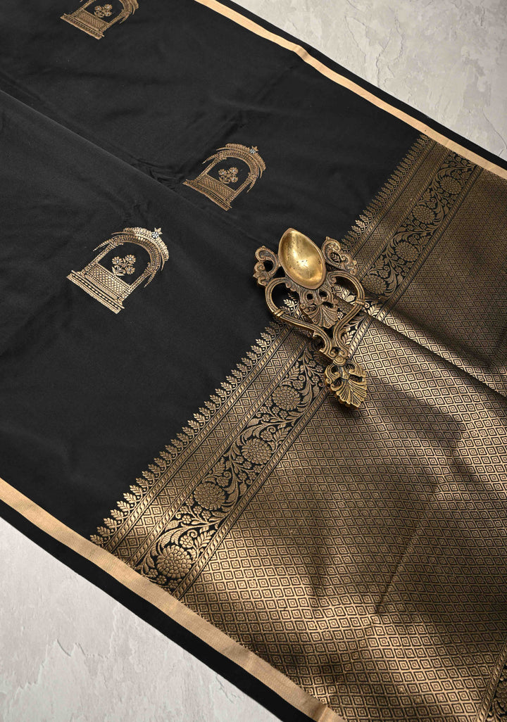 Black Banarasi Mashru Silk Saree with Arches Buttas and Minimal Zari Border | SILK MARK CERTIFIED