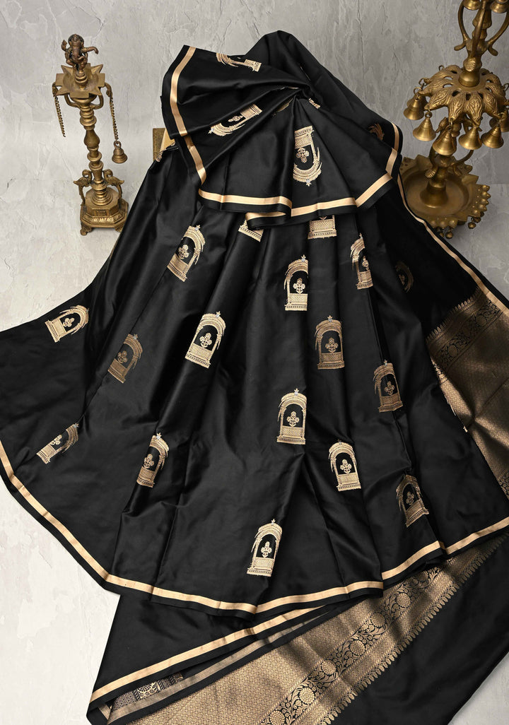 Black Banarasi Mashru Silk Saree with Arches Buttas and Minimal Zari Border | SILK MARK CERTIFIED