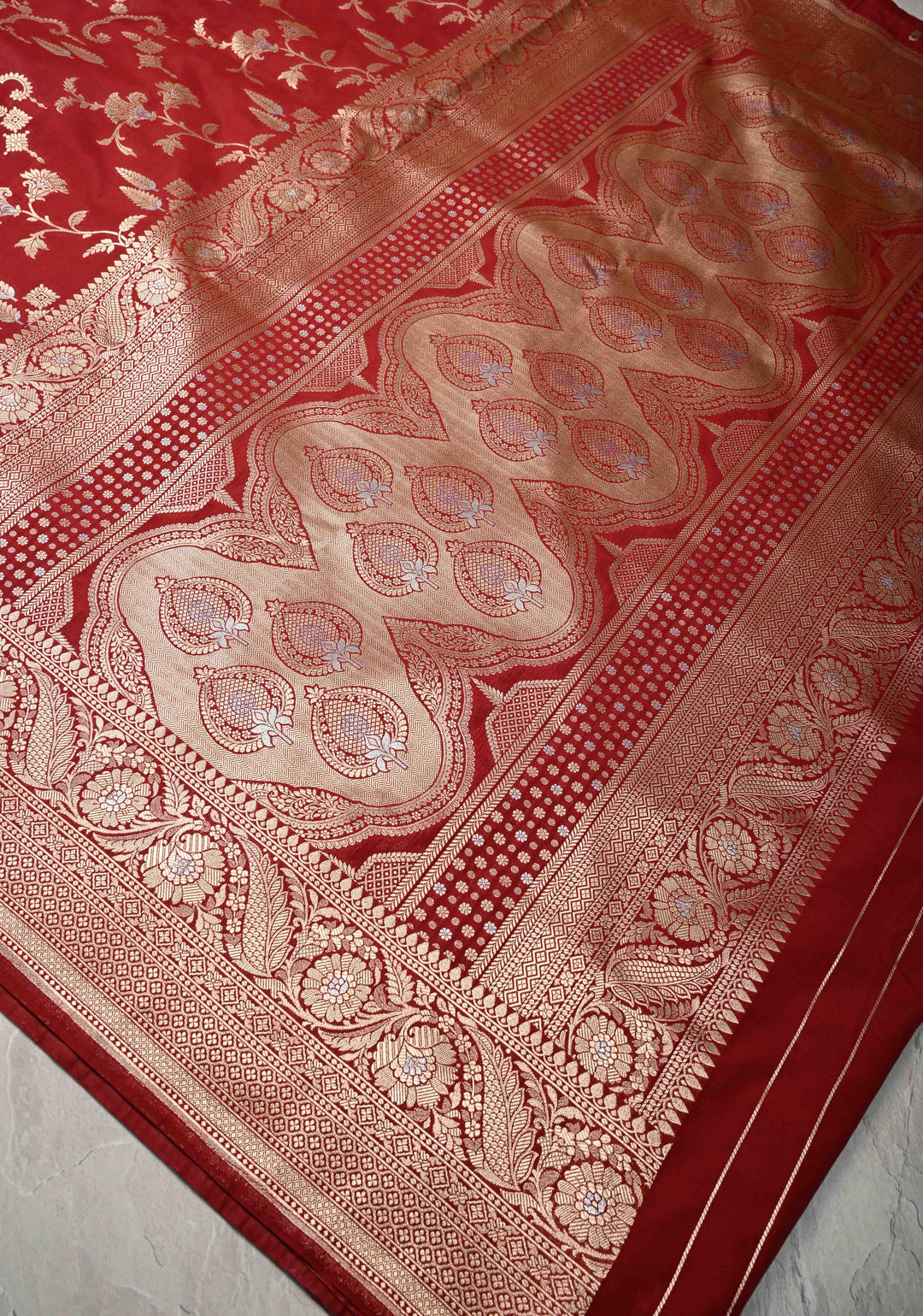 Maroon Semi Silk Saree with Alfi Floral Jaal and Zari Border
