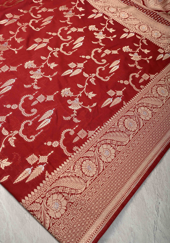 Maroon Semi Silk Saree with Alfi Floral Jaal and Zari Border