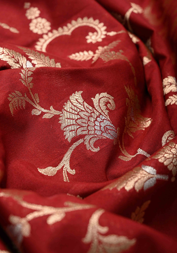 Maroon Semi Silk Saree with Alfi Floral Jaal and Zari Border