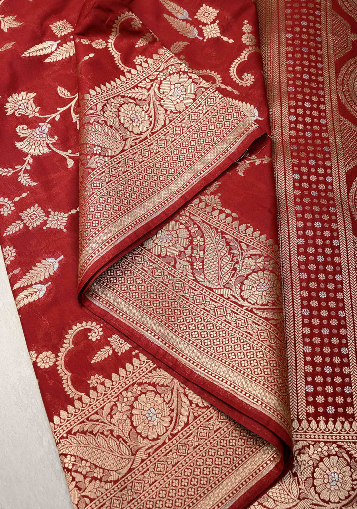 Maroon Semi Silk Saree with Alfi Floral Jaal and Zari Border