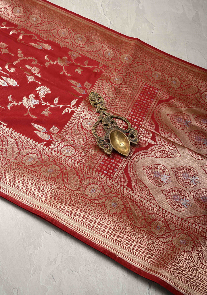 Maroon Semi Silk Saree with Alfi Floral Jaal and Zari Border