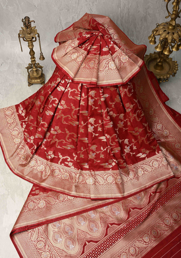 Maroon Semi Silk Saree with Alfi Floral Jaal and Zari Border
