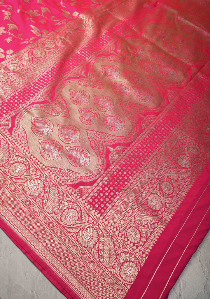 Amaranth Semi Silk Saree with Alfi Floral Jaal and Zari Border