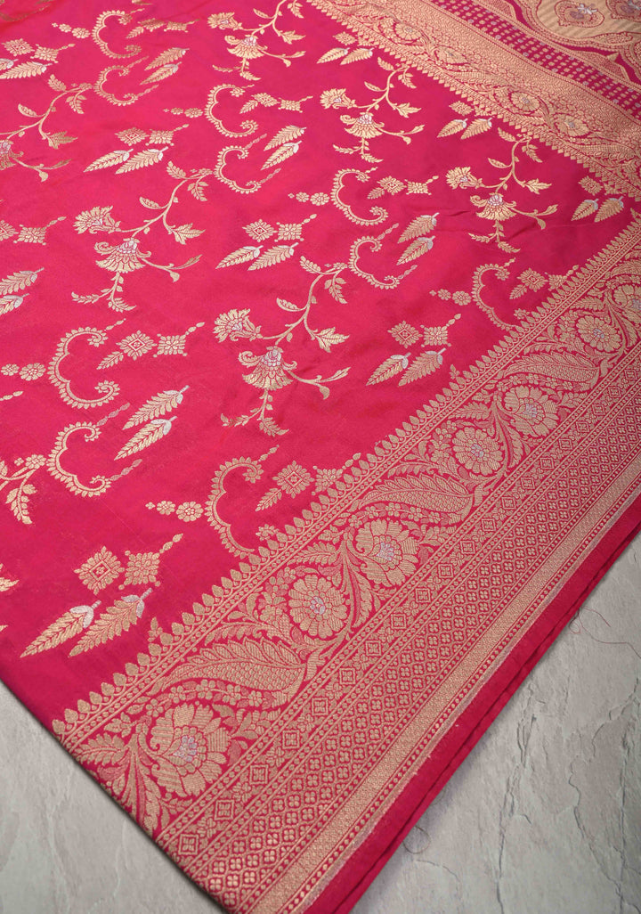 Amaranth Semi Silk Saree with Alfi Floral Jaal and Zari Border