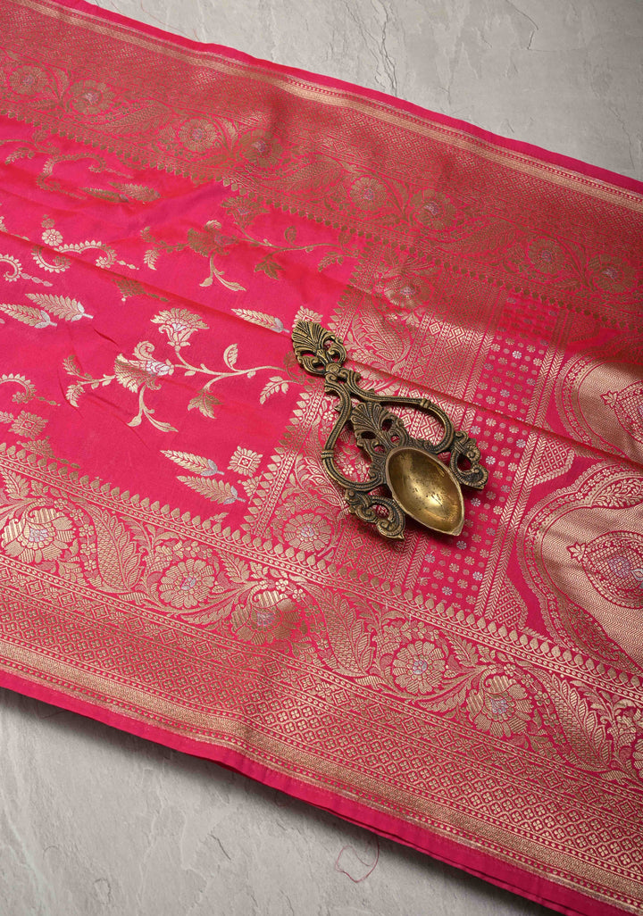 Amaranth Semi Silk Saree with Alfi Floral Jaal and Zari Border