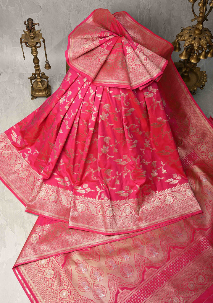 Amaranth Semi Silk Saree with Alfi Floral Jaal and Zari Border