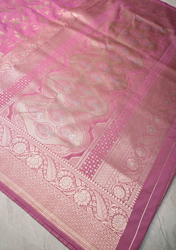 Onion Pink Semi Silk Saree with Alfi Floral Jaal and Zari Border