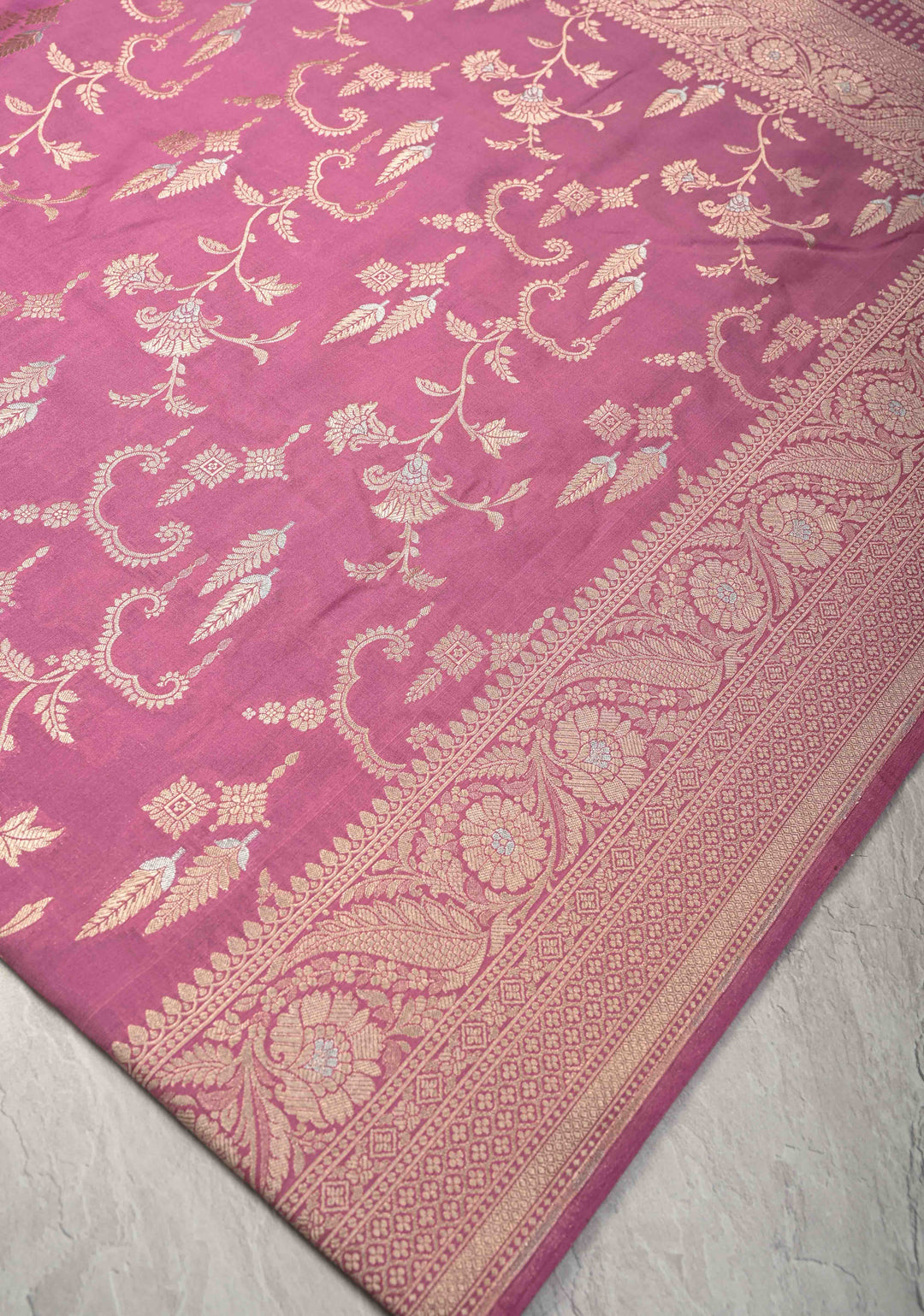 Onion Pink Semi Silk Saree with Alfi Floral Jaal and Zari Border