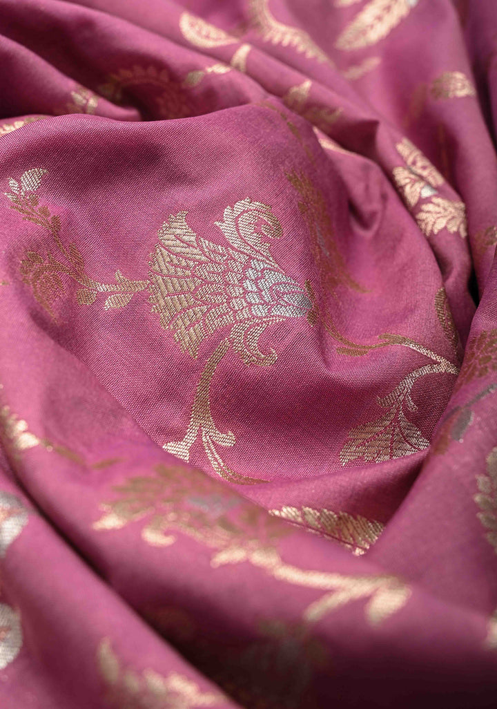 Onion Pink Semi Silk Saree with Alfi Floral Jaal and Zari Border