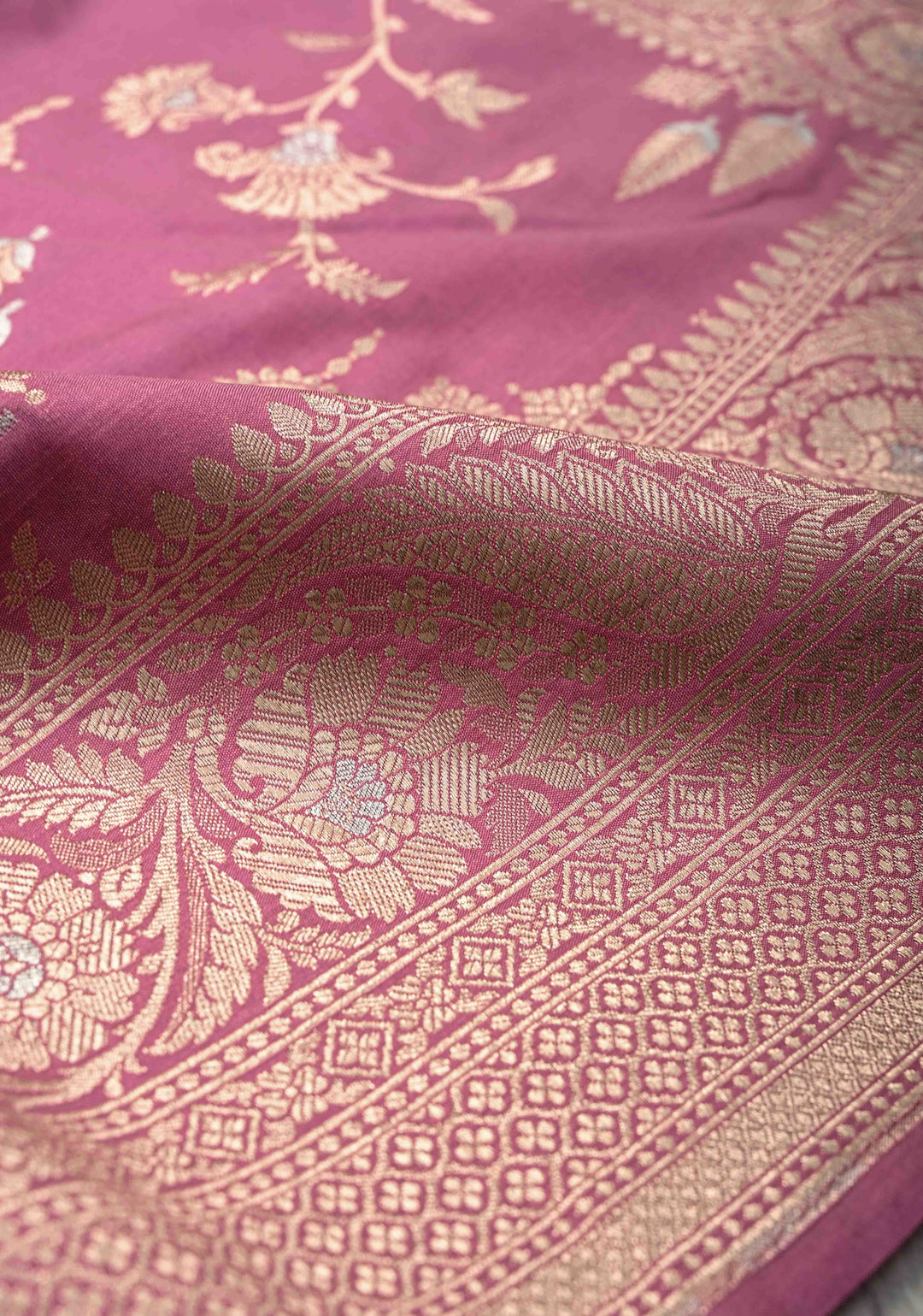 Onion Pink Semi Silk Saree with Alfi Floral Jaal and Zari Border