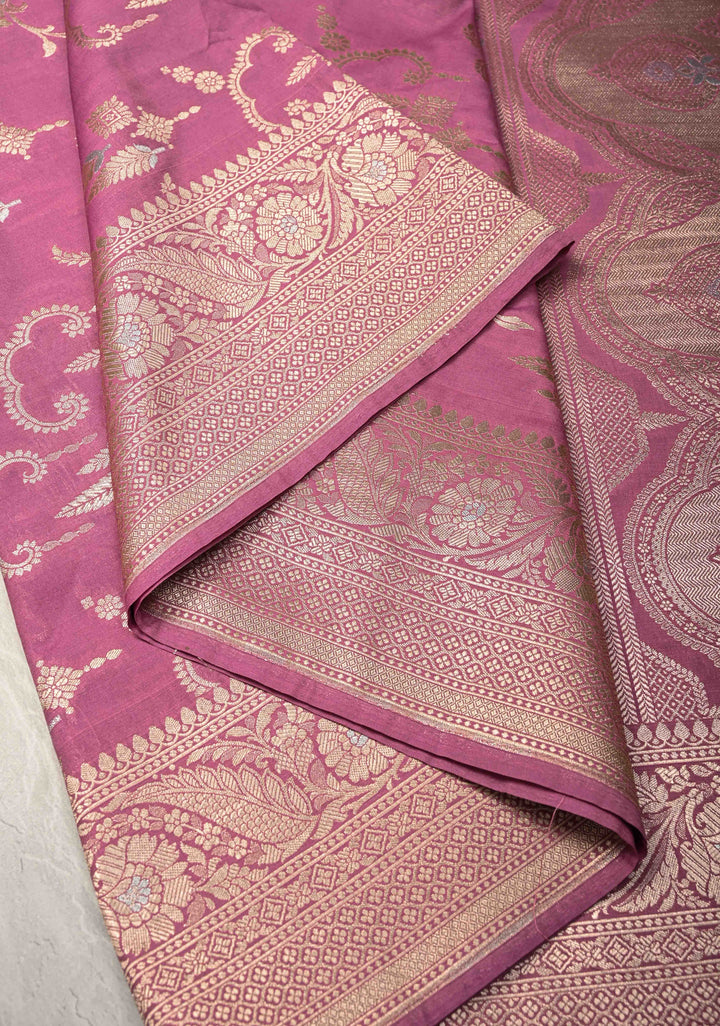 Onion Pink Semi Silk Saree with Alfi Floral Jaal and Zari Border