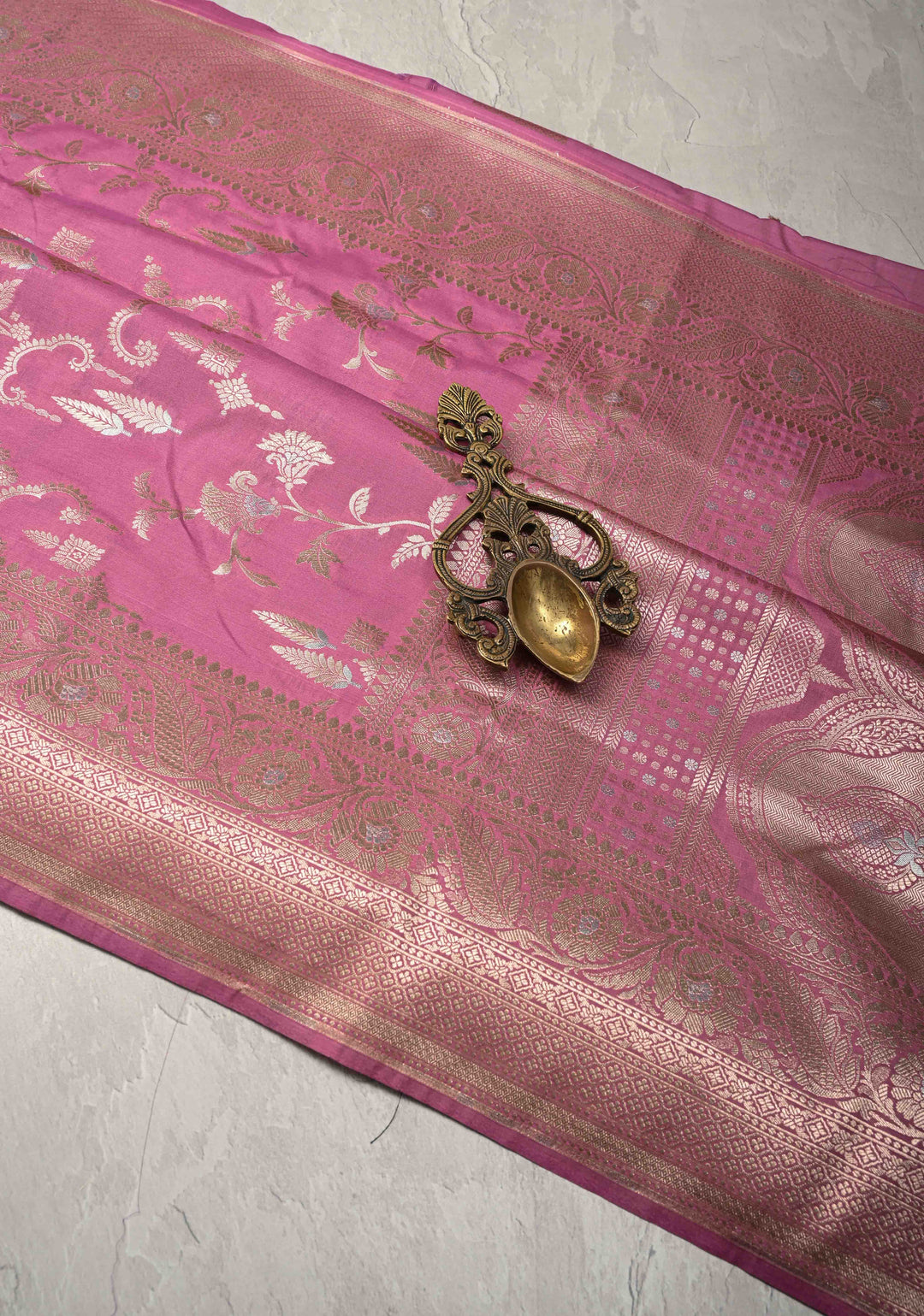 Onion Pink Semi Silk Saree with Alfi Floral Jaal and Zari Border