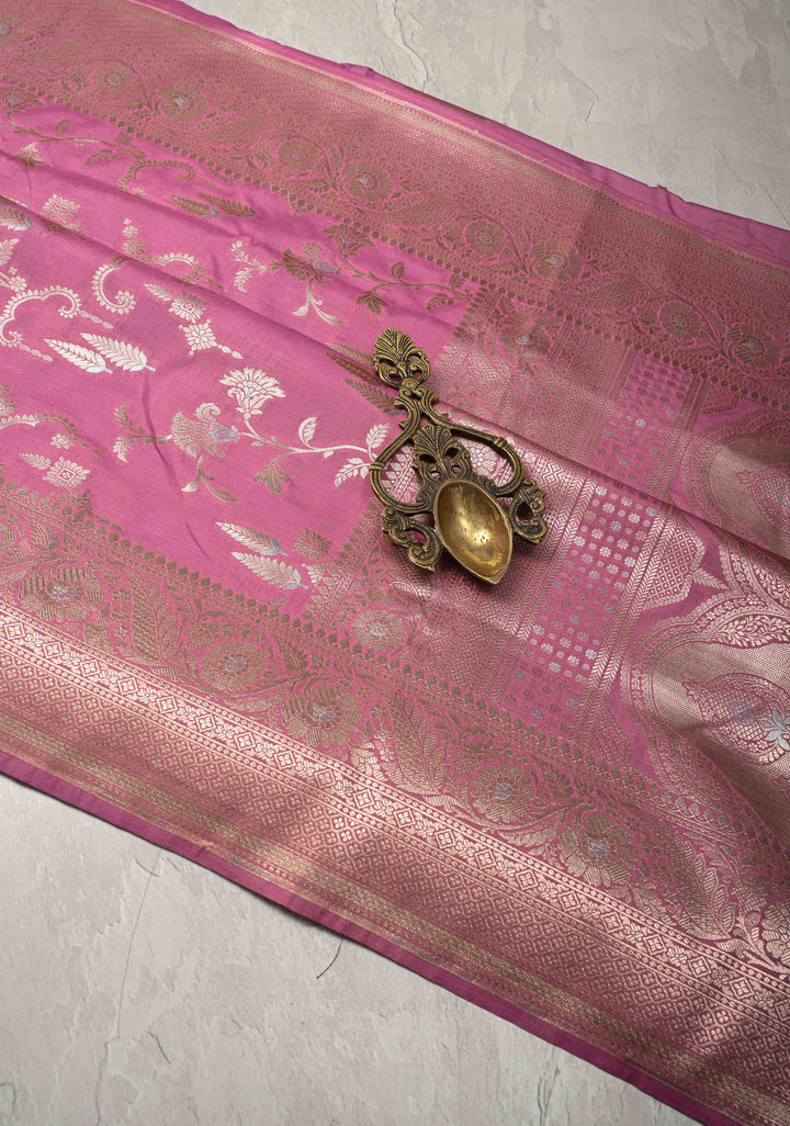 Onion Pink Semi Silk Saree with Alfi Floral Jaal and Zari Border