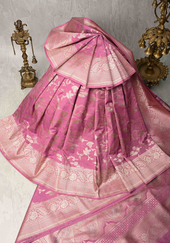 Onion Pink Semi Silk Saree with Alfi Floral Jaal and Zari Border