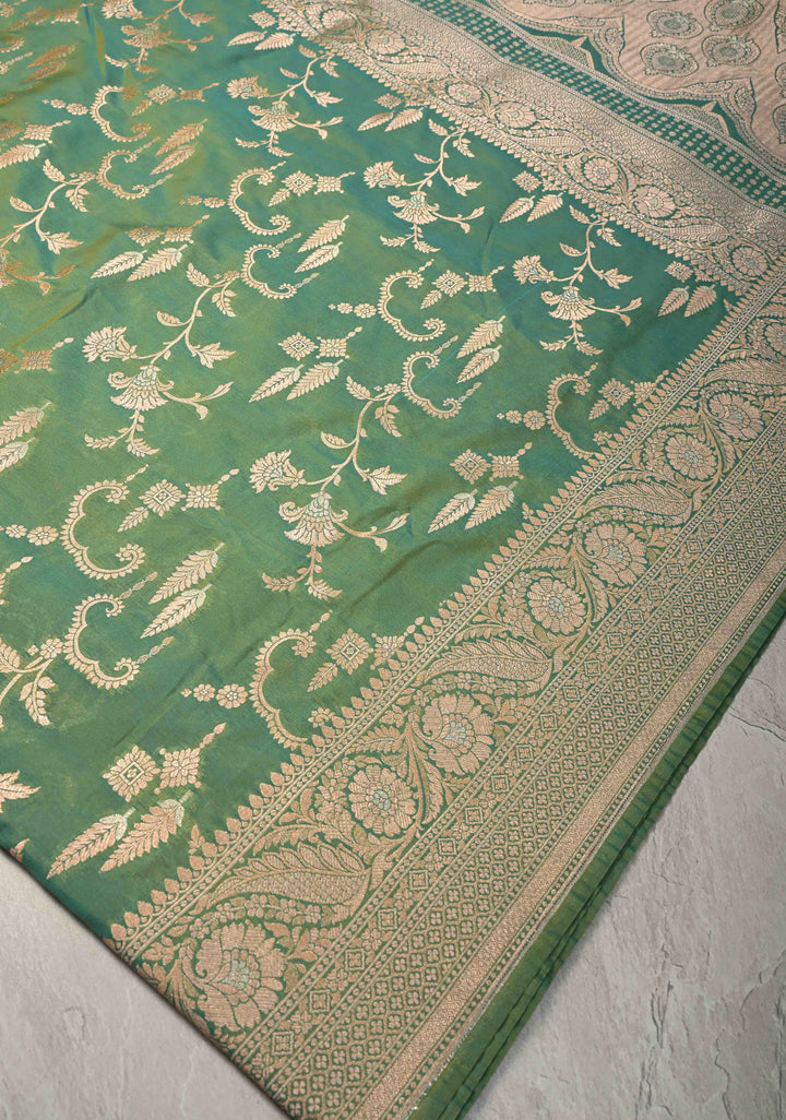 Green Dual tone Semi Silk Saree with Alfi Floral Jaal and Zari Border