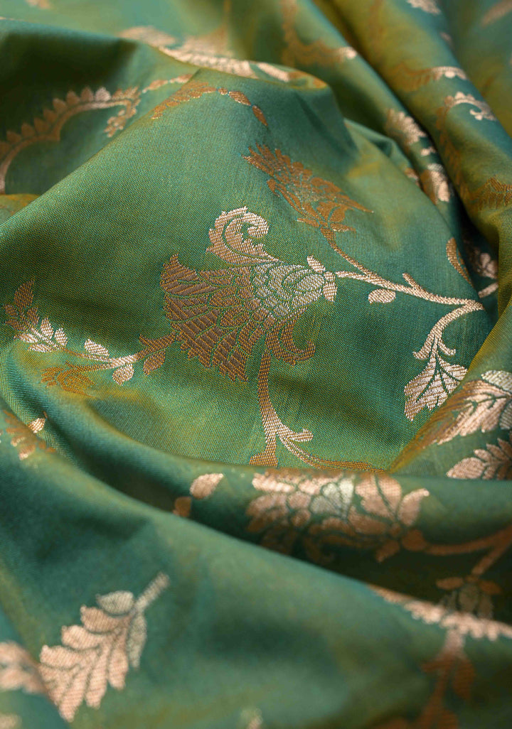 Green Dual tone Semi Silk Saree with Alfi Floral Jaal and Zari Border