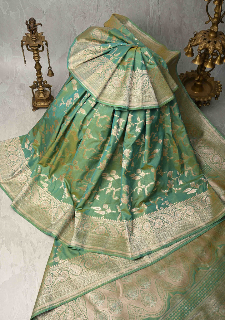 Green Dual tone Semi Silk Saree with Alfi Floral Jaal and Zari Border