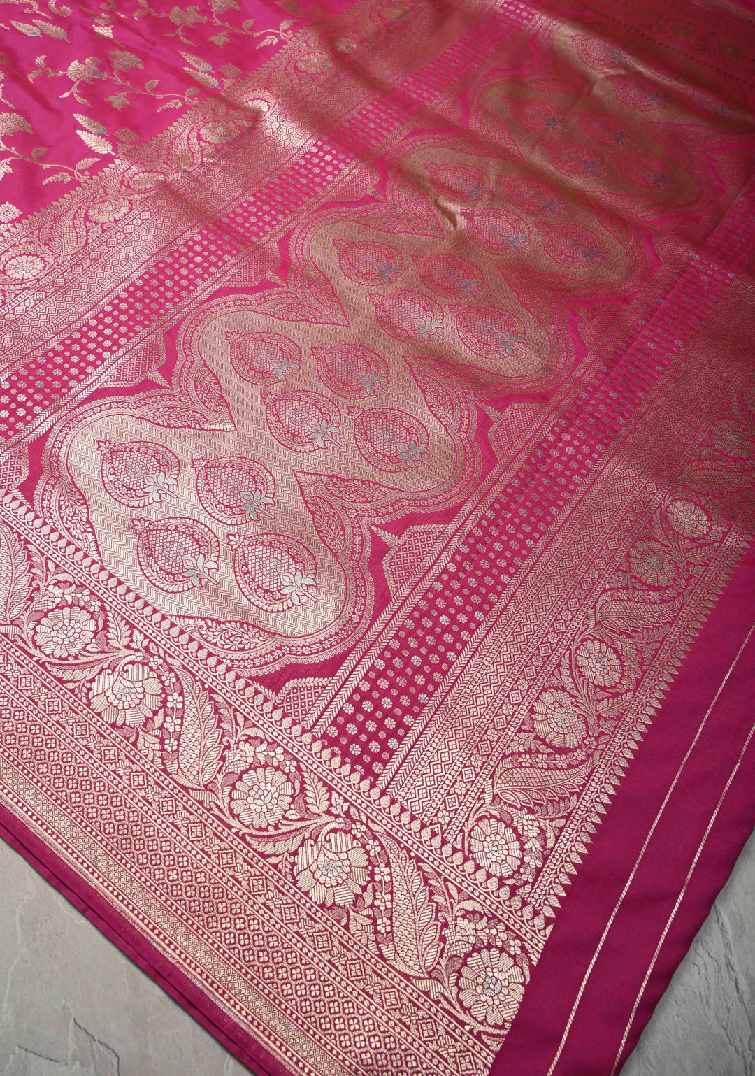 Raspberry Pink Semi Silk Saree with Alfi Floral Jaal and Zari Border