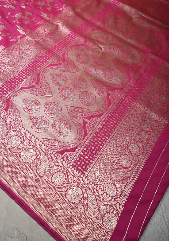Raspberry Pink Semi Silk Saree with Alfi Floral Jaal and Zari Border