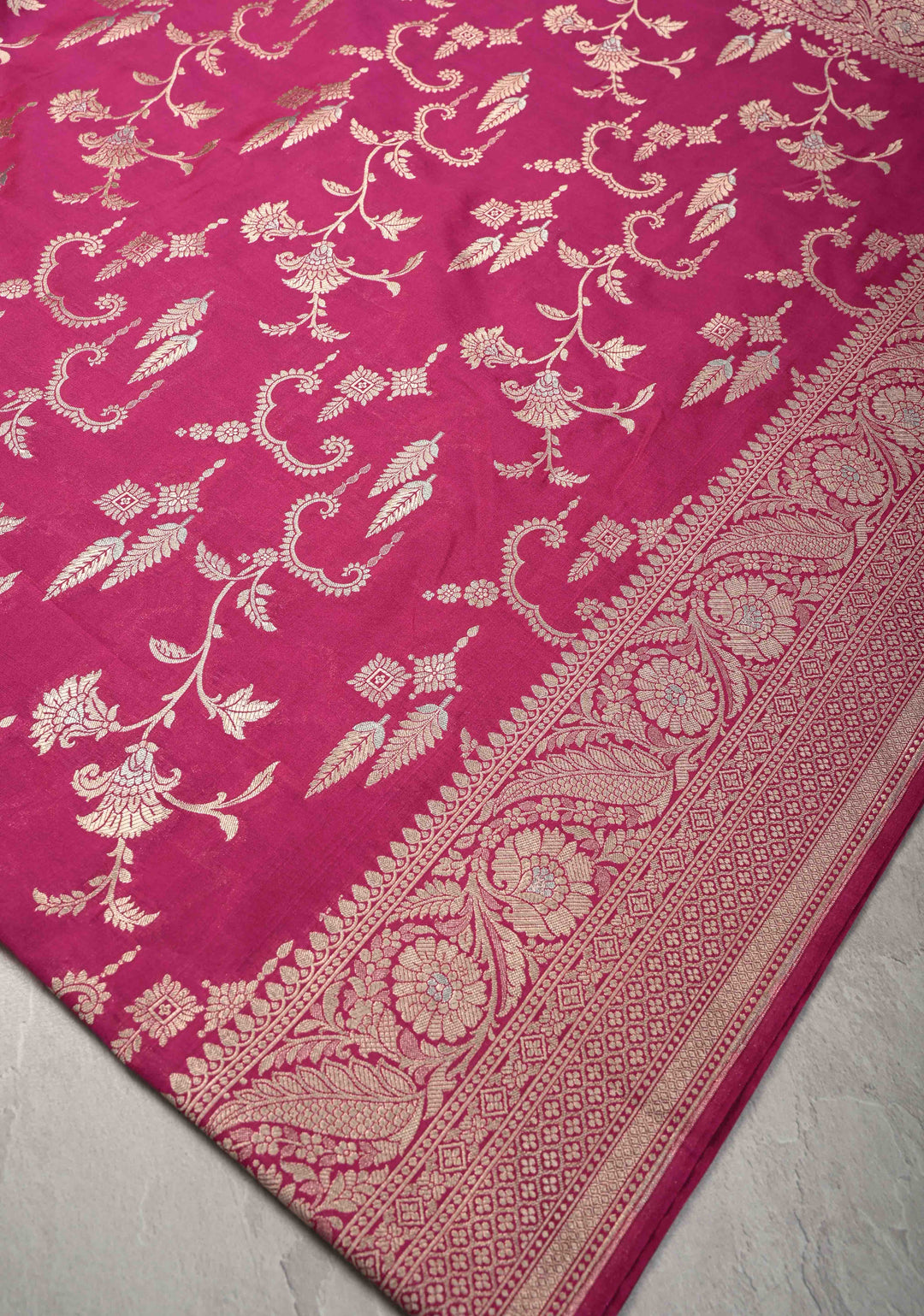 Raspberry Pink Semi Silk Saree with Alfi Floral Jaal and Zari Border