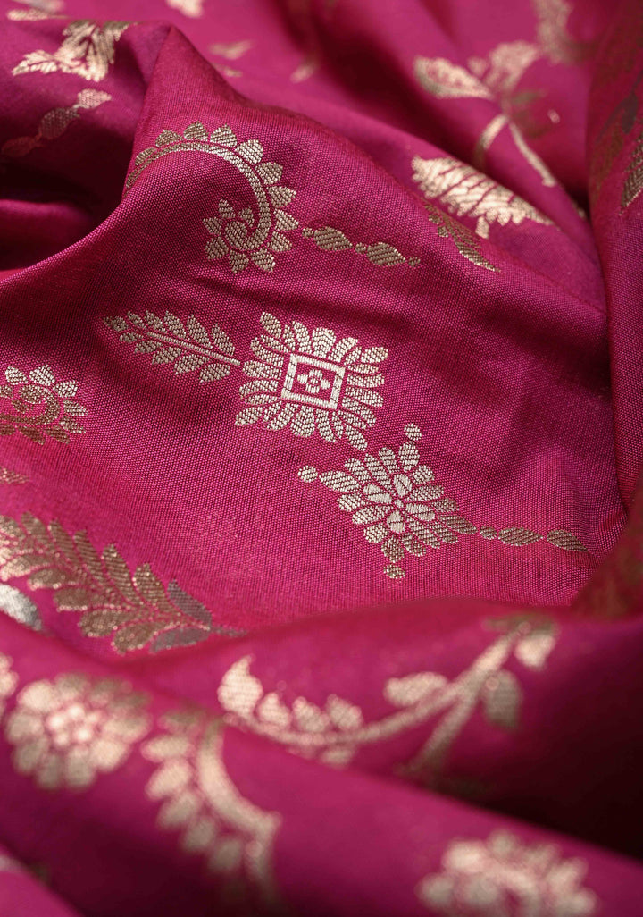 Raspberry Pink Semi Silk Saree with Alfi Floral Jaal and Zari Border