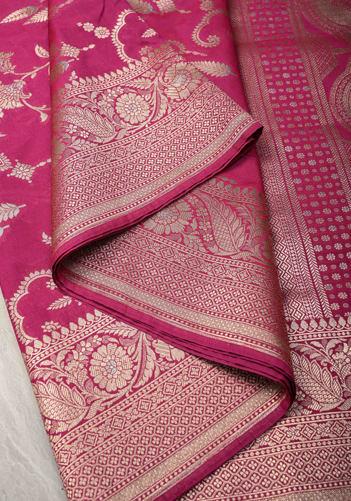 Raspberry Pink Semi Silk Saree with Alfi Floral Jaal and Zari Border