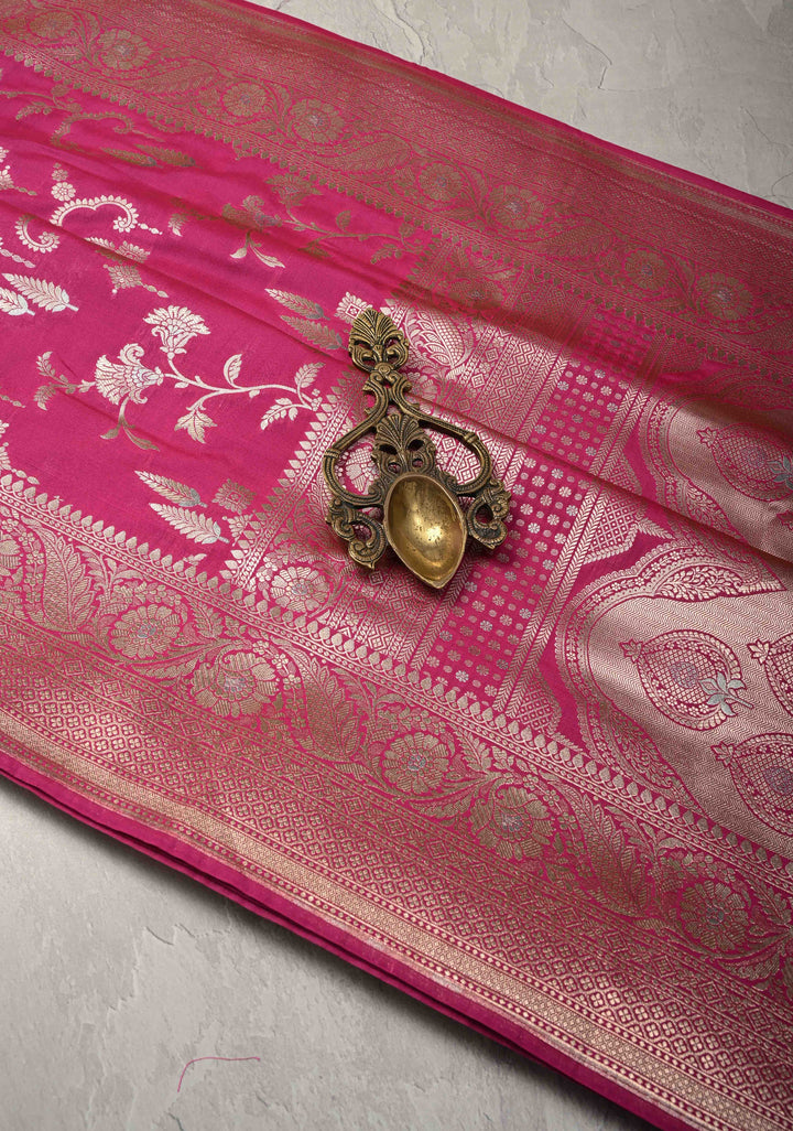 Raspberry Pink Semi Silk Saree with Alfi Floral Jaal and Zari Border