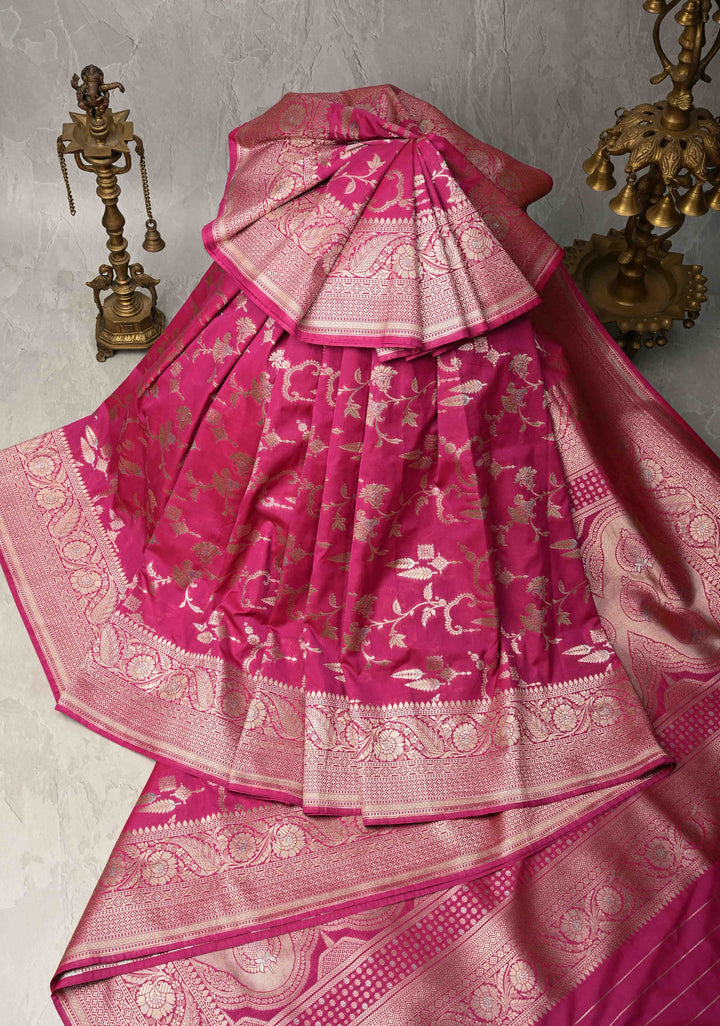 Raspberry Pink Semi Silk Saree with Alfi Floral Jaal and Zari Border