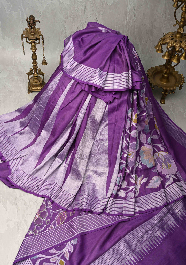 Exquisite Purple Banarasi Tussar Georgette Saree with Brush Dye Floral Design and Zari Temple Border | SILK MARK CERTIFIED