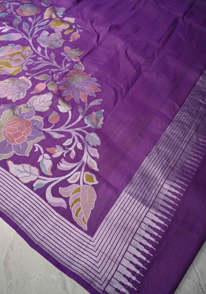 Exquisite Purple Banarasi Tussar Georgette Saree with Brush Dye Floral Design and Zari Temple Border | SILK MARK CERTIFIED