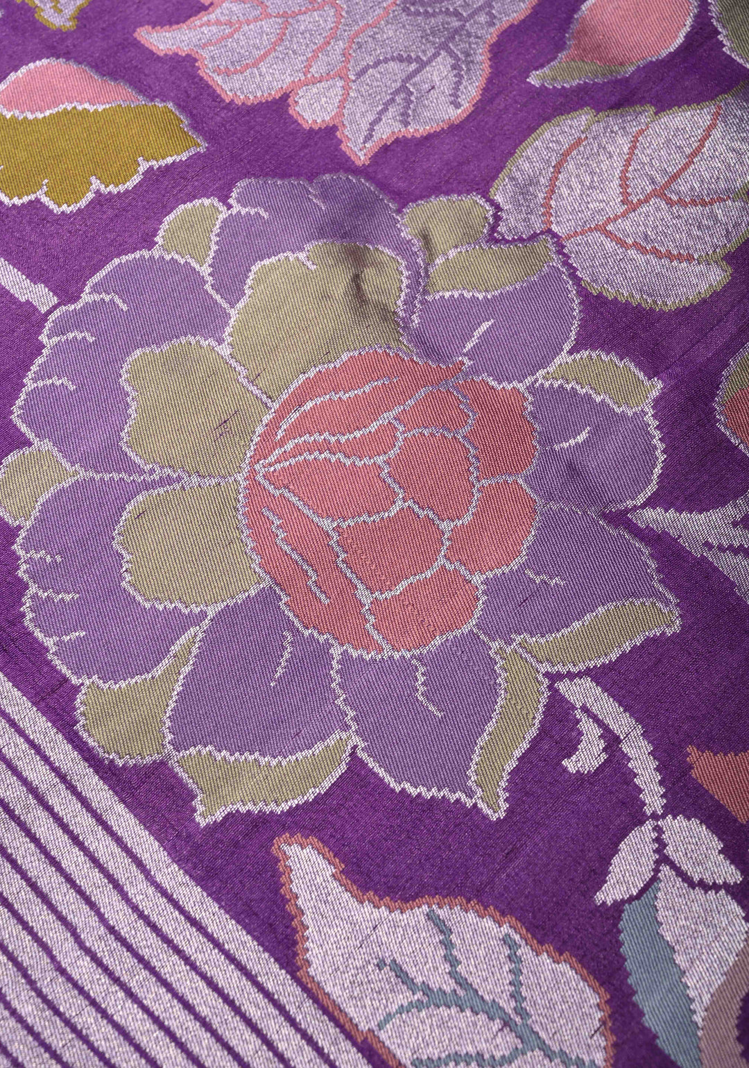 Exquisite Purple Banarasi Tussar Georgette Saree with Brush Dye Floral Design and Zari Temple Border | SILK MARK CERTIFIED