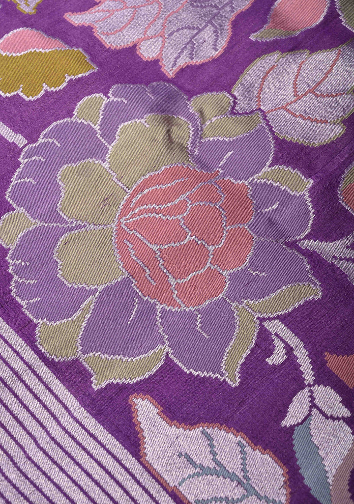 Exquisite Purple Banarasi Tussar Georgette Saree with Brush Dye Floral Design and Zari Temple Border | SILK MARK CERTIFIED