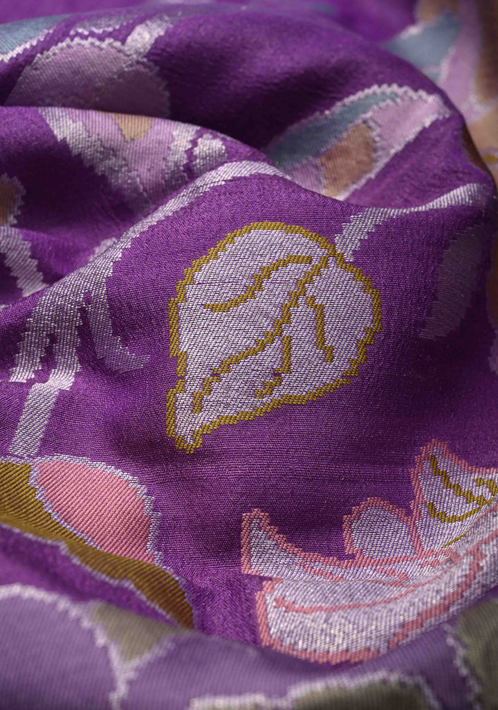 Exquisite Purple Banarasi Tussar Georgette Saree with Brush Dye Floral Design and Zari Temple Border | SILK MARK CERTIFIED